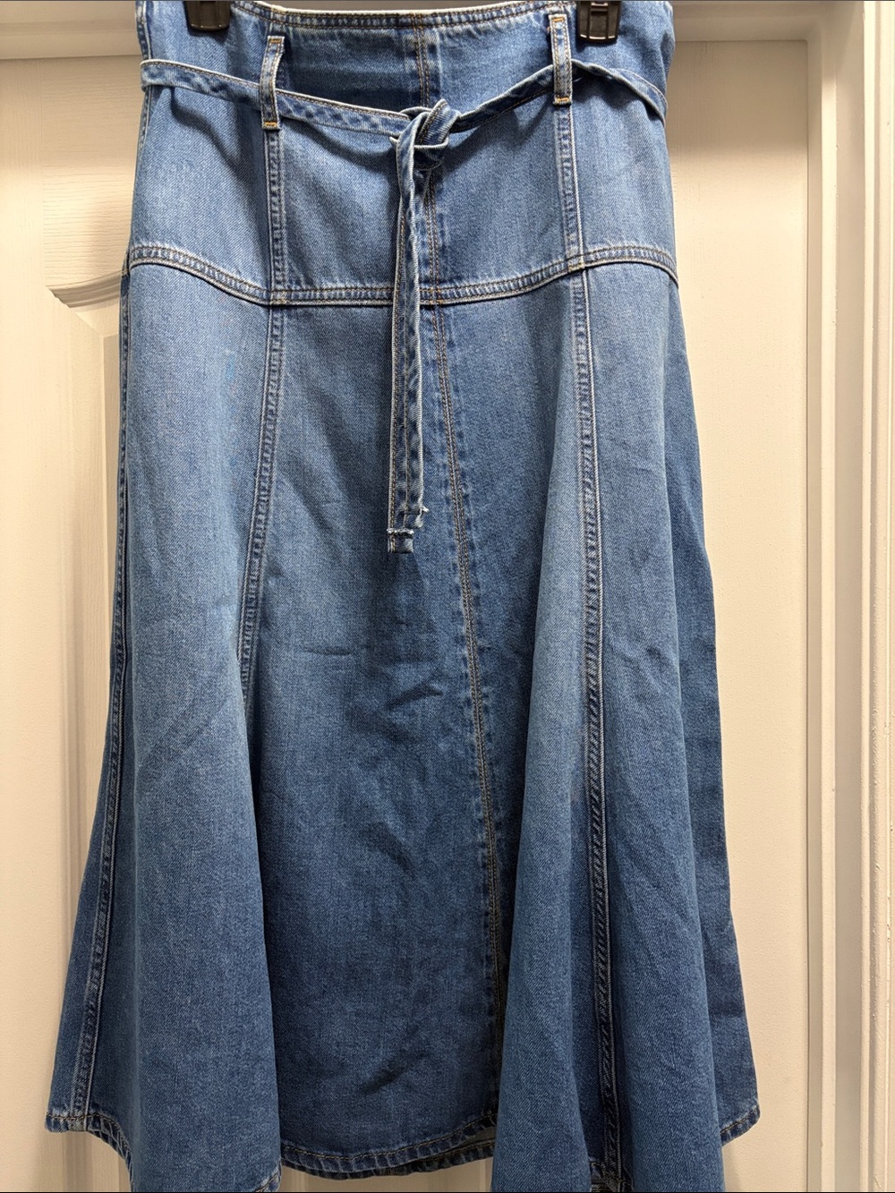 Baykan Denim A-Line Midi Skirt with Tie Belt - Medium Blue IYKYK